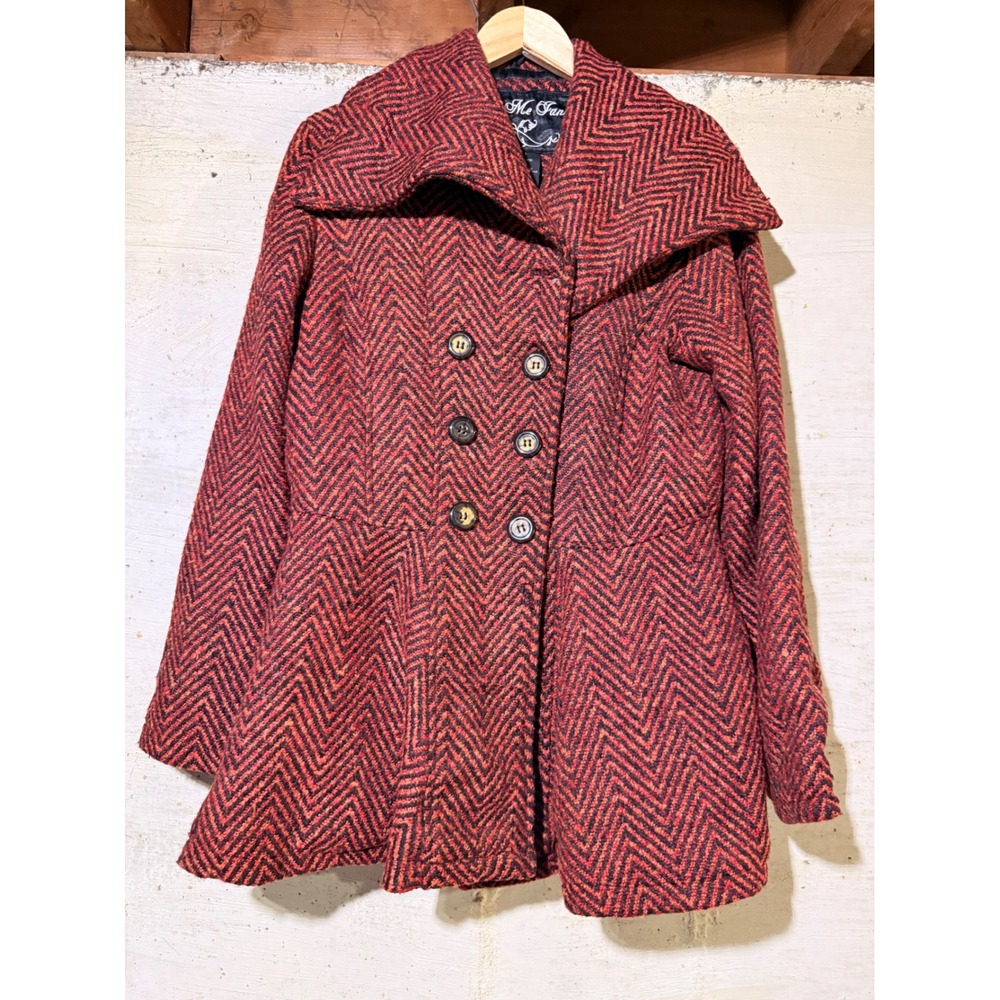 Me Jane Womens L Red Black Herringbone Wool Blend Peplum PeaCoat Portrait Collar